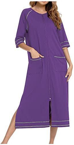 Womens Robes Dressing Gowns Stripes Zipper Three-Quarter Long Sleeve Bathrobe with Pocket Nightwear Sleepwear Ladies Nightdresses Nightshirts Full Length Soft Cotton Duster Coat Loungewear Fall Winter