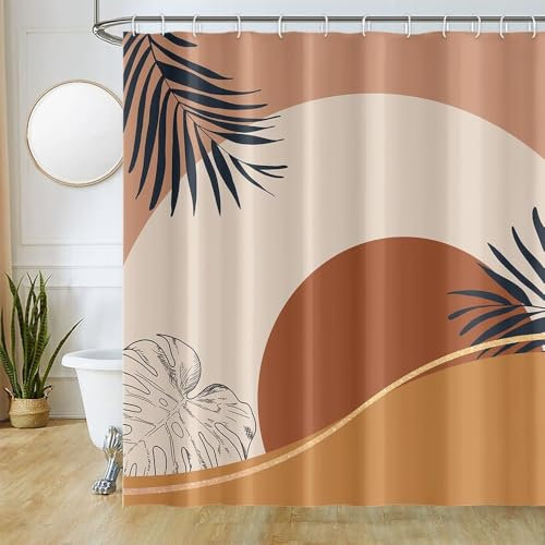 Uiiooazy Rideau Douche Anti Moisissure, Rideau de Douche 180x220cm Terracotta Soleil Orange Feuilles de Palmier Rideaux de Baignoire Tissu Lavable Imperméable Rideaux Salle de Bain avec 12 Crochets