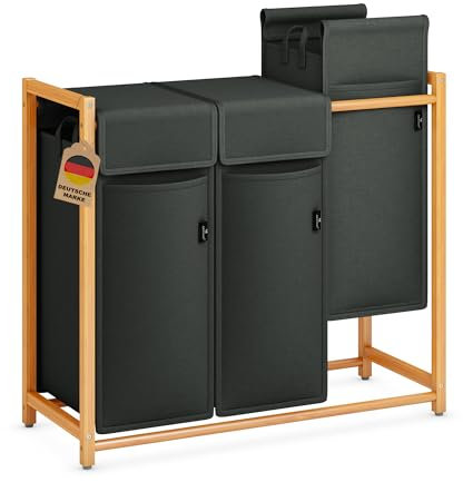 AdelDream Wäschekorb Kleidersortierer 3 Fächer Wäschewagen mit abnehmbaren Taschen Kleidersammler Bambus 150L Dunkelgrau