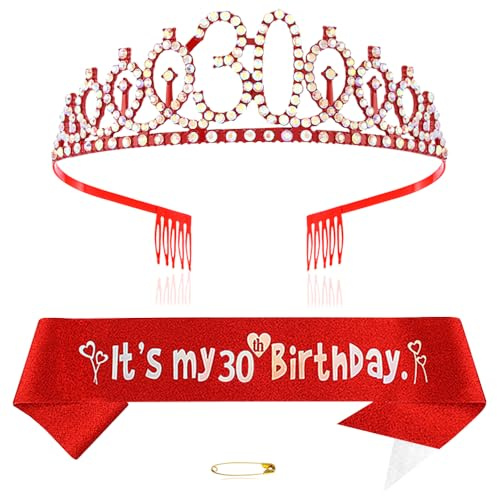 Rot 30th Geburtstags Krone und Schärpe Mädchen 30. Geburtstag Deko Strass Geburtstag Tiara Prinzessin Krone Queen Tiara Geburtstagsschärpe Girls 30 Geburtstag Dekoration Party Kleidung Zubehör