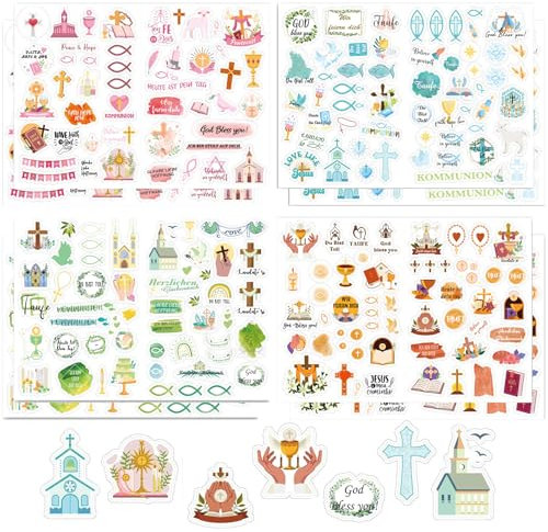 8 Bögen Sticker Kommunion, Taufaufkleber, Taufe Konfirmation Kommunion Sticker Set, ideal zum Kommunion, Konfirmation, Taufe - Stickerbögen für Gästebuch Fotoalbum, für Mädchen und Junge