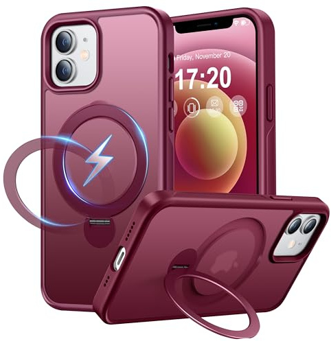 PuyaTeya 360° Drehbarer Magnetischer Ständer für iPhone 12/12 pro Hülle Kompatibel mit Mag-Safe 16FT Military Drop Protection, Anti-Kratzer/Fingerabdruck für iPhone 12/12 pro Handyhülle(Matt-Weinrot)
