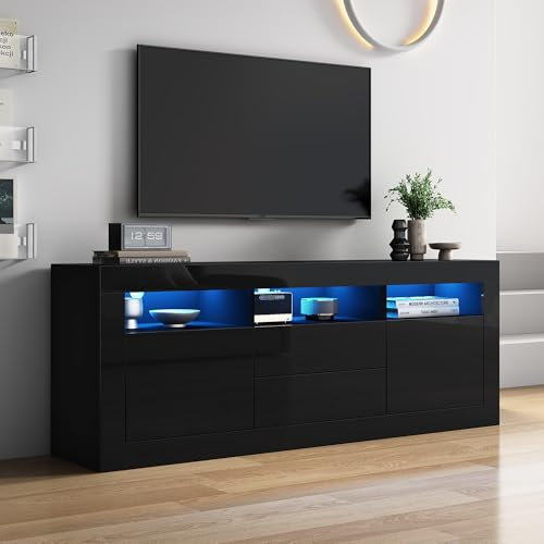 Merax Meuble TV brillant avec éclairage LED, contrôle par application, avec 3 compartiments ouverts, 2 portes, 2 tiroirs, buffet bas, pour téléviseurs de 70, noir, 160 x 35 x 60 cm