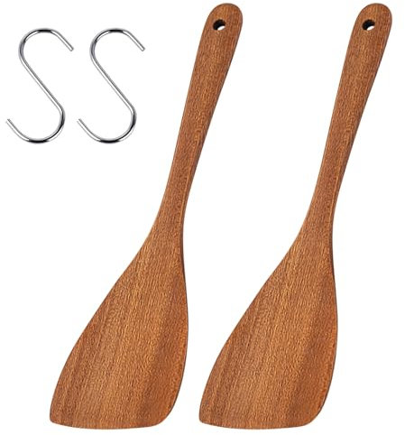 Wooden Spatula Set, 2Pcs Wooden Turners - 33cm Long Handle Wood Angled Plat Spatula, Frying Spatula Small Cooking Utensils, Non-Scratch for Frying Pan Coated Cookware Baking Cooking, Walnut Color