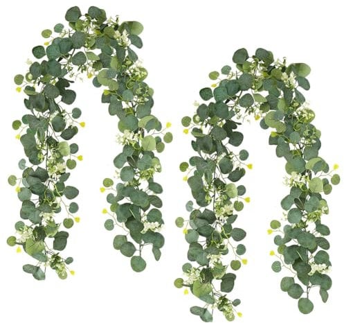 Umllpet Künstliche Eukalyptus Girlande, 2 Stück Künstliche Girlande Pflanze, 1,8m Hängend Grüne Blätter Deko mit Weiße Blumen, Künstliche Pflanze Hängepflanze für Hochzeitsdeko, Hochzeit Bogen, Garten