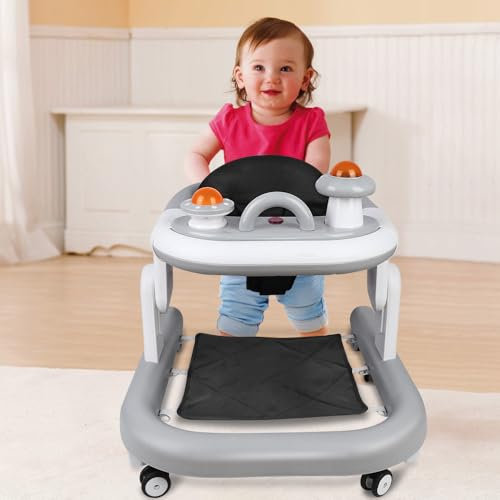 Girello regolabile in altezza con ruote silenziose, centro di attività con musica e luci, per bambini da 6 a 18 mesi, carico 12 kg, 70 x 56 x 42 cm, grigio