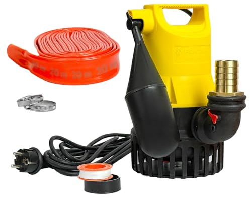 Jung Pumpen JP09387 U5KS Set – Jung U 5 KS Schmutzwasserpumpe mit 20 m Schlauch, DN 32 Anschluss, Tauchpumpe für Keller Entwässerung Abwasserpumpe Zubehör
