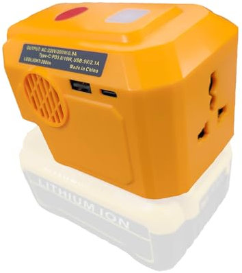 200W Portable Power Inverter for Dewalt 18v Battery, New Upgrades DC 18V to AC 220-230V Outdoor Generators Converter with USB-A & Type-C Port,300LM LED Light for Camping Emergency(Yellow)