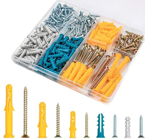 AMSGANK Tasselli Universali con Vite Assortiti, 270 Pezzi Viti Metalliche Autofilettanti e Tasselli in Plastica Viti a Testa Piatta con Intaglio a Croce per Mattoni, Cemento, Cartongesso