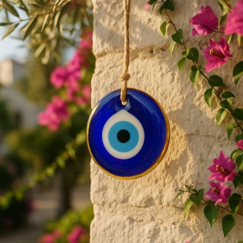 Nazar Boncuk Wandbehang Böser Blick, Goldgerahmtes Evil Eye Amulett aus Glas, handgefertigt, Ø 7 cm, Marineblau, Glücksbringer für Zuhause, Auto und Büro (YNB-7)