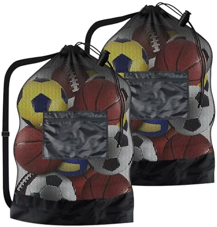 WIYETY 2-pack bollpåsar, extra stor kapacitet, utökad version, bollväska för 10–15 bollar, multipurpose mesh sportväska med dragsko och axelrem