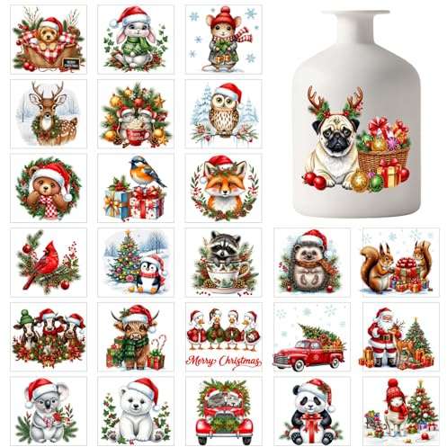 GLOBLELAND 25 Stück Weihnachts Tiere Silhouette Lampenglas Aufkleber 10x9cm Weihnachtsmützen Tiere Wasserdicht Transparentes PVC Sticker Glastüren Fensterdeko Aufkleber Für Glas Autos Dekor DIY
