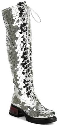 Donne Glitter Sparkly Tacco Basso Coscia Alto Stivali da Combattimento Paillettes Piatto Stivali Alti al Ginocchio,Argento,40 EU