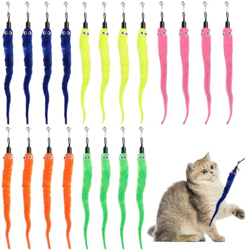 TMZELOA Katzenspielzeug Angel 20 Stück Set – Buntes Katzenspielzeug Wurm mit Glocke Ersatz Anhänger – Interaktives Plüsch Zauberwurm Katzenangel Spielzeug für Kätzchen Training und Bewegung