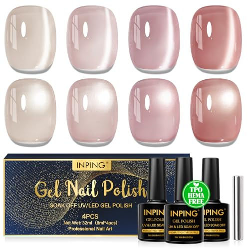 INPING Smalto Semipermanente Unghie Magnetico HEMA-FREE TPO-FREE, 4 Colori Trasparente Jelly Nude Rosa Glitter Cristallo Smalti Semipermanenti per Unghie Soak Off UV/LED DIY Nail Art Set, 8 ML