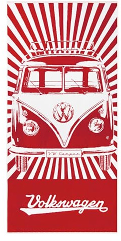 BRISA VW Collection - T1 Bulli Bus Strand Handtuch | Volkswagen Badetuch Dusche Urlaub Sauna Sport, Weich Jacquard-gewebt Schlaufe zum Aufhängen, 100% Baumwolle 100 x 50 cm, Rot