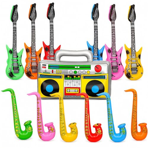 Trimming Shop 13pcs Inflatable Musical Instrument Set, Air Guitar Saxophone Boombox Props, Retro Disco Party Decor, Karaoke Accessory, Photo Booth Fun