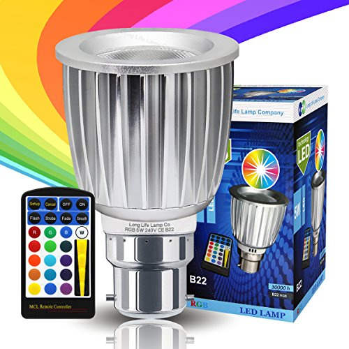 5w RGB LED Bulb Colour Changing B22 Bayonet Cap Mood Spot Light Remote Controlled