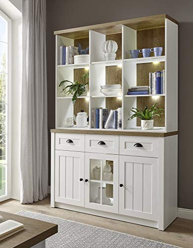 Buffet Tesorino III Holznachbildung Pinie Weiß Applikationen Eiche hell 130x198x35-43cm Highboard Sideboard Vitrine Standvitrine Vitrinenschrank Beleuchtung mit Beleuchtung