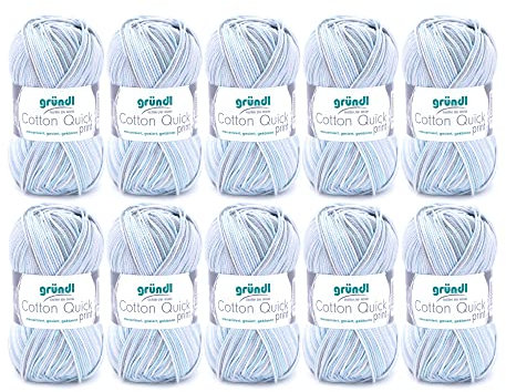 Gründl Wolle Cotton Quick print - dünne Wolle zum Häkeln mit Farbverlauf - Strickgarn - Glänzend und hautfreundlich - 100 % Baumwolle - 10 Knäuel 50 g / 125 m - Nadelstärke 3 - 4 - Blau-weiß-grau