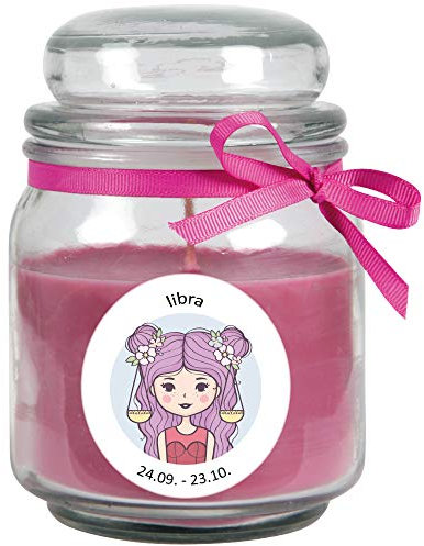 HS Candle Sternzeichen Duftkerze Lavendel im Bonbonglas (Waage) - viele Motive zur Auswahl, 500g - Brenndauer bis zu 70 Std - Libra