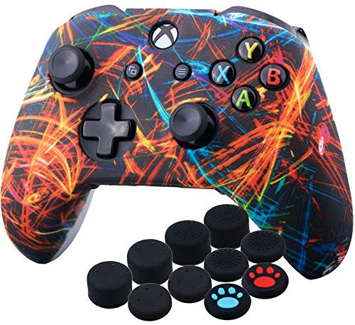 YoRHa Druck Gummi Silikon Hülle Skin Taschen für Xbox One S/X Controller x 1 (Nachtstrahl) mit Daumengriffe Aufsätze Joystick-Kappen x 10