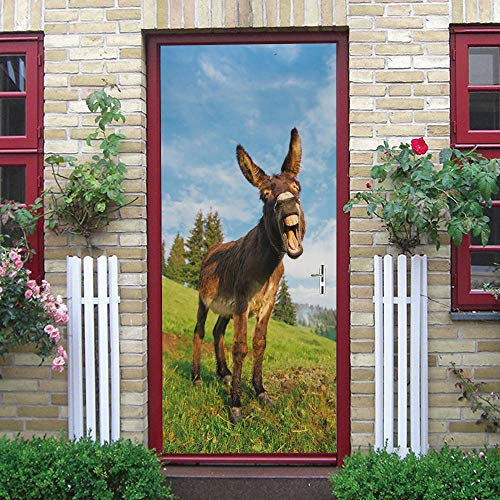 CBWRAW 3D Türtapete Fototapete Selbstklebend Türposter Abnehmbar PVC Fototapete Türfolie Gras Tier Esel Muster Türaufkleber Für Wohnzimmer Erwachsene Kind Schlafzimmer Küche 77X200cm