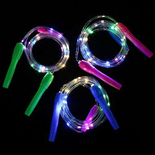 QOTSTEOS Cuerda de Salto Brillante de 3 Piezas, Cuerda de Salto con luz LED Colorida, Tres Modos de luz, Longitud Ajustable, Cuerda de Salto de Fitness para niños Adultos, Accesorios de Fiesta, Mango