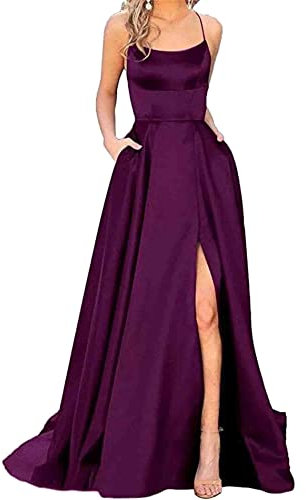 HAHAEMMA - Elegante abito da donna lungo, con tasche, in raso, linea ad A, schiena scoperta, abito da sera, da matrimonio, sexy, con allacciatura al collo, da principessa, damigella d'onore, viola., M