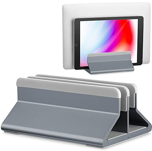Mata1 Vertical Laptop Stand (Aluminium Gray), Adjustable Dual Holder for Desktop w/Lock Rings, Anti-Slip Dock Compatible w/All 7-17.3 inch Devices