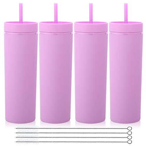 Volhoply 20oz Plastic Skinny Tumblers Bulk 4 Pack,Double Wall Tumbler with Lid and Straw,BPA Free Matte Acrylic Water Cups for Parties,DIY Gift(Purple,4 Set)
