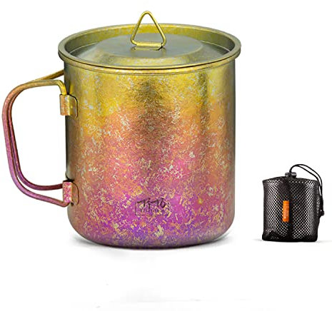 TiTo Titanium Tasse Camping Tee Kaffee Wasser Becher Ultraleicht Tragbares Kochgeschirr 450 ml Faltbarer Griff Titan Topf mit Deckel für Outdoor Rucksackreisen Wandern Picknick Trinkgeschirr offenes