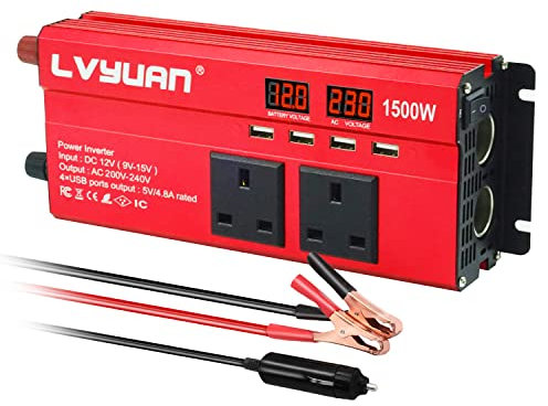 LVYUAN Power Inverter 12V to 240V AC Car Converter 1500W Peak 4 USB 2 AC Sockets Dual Car cigarette lighter socket With 2 LED
