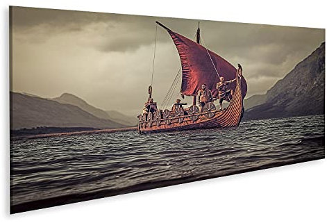 islandburner Bild auf Leinwand Wikinger Gruppe im Schiff vor Drakkar mit Bergen im Hintergrund auf dem Meer Leinwandbild Poster Wandbild Bilder