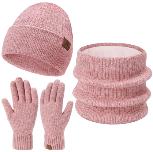 Damen Herren Winter Warm Beanie Mütze Loop Schal Schlauchschal Touchscreen Handschuhe Set mit Fleece Gefütterte Wintermütze Strickmütze Mützen Frauen Geschenk Weihnachten, (3 Stück) Rosa