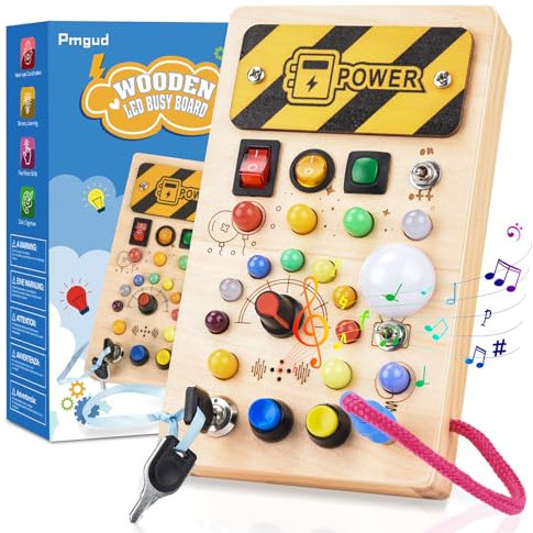Pmgud Montessori Busy Board Activity Board ab 1 Jahr Montessori Holzspielzeug mit 8 Schalter 15 LED Leuchten 6 Musik Sensorisches Lernspielzeug für Babys und Kleinkinder ab 1 Jahre