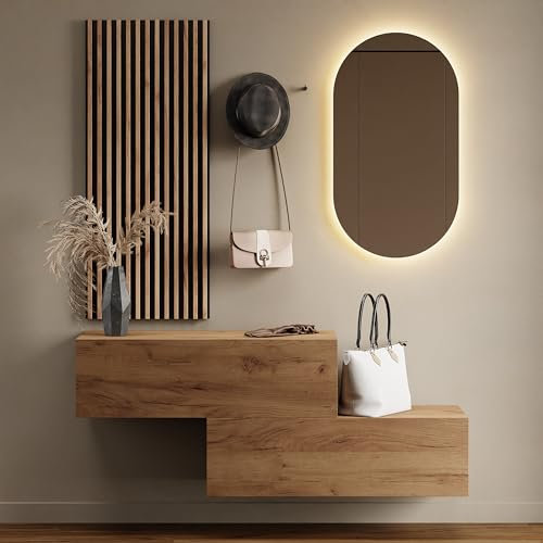 Planetmöbel Flur Möbel Garderobe 2X 100cm Gold Eiche, Wandpaneel 50cm Gold Eiche/Anthrazit mit Spiegel 50cm (ohne LED), Wandgarderobe 32,5H x 100B x 37,8T cm