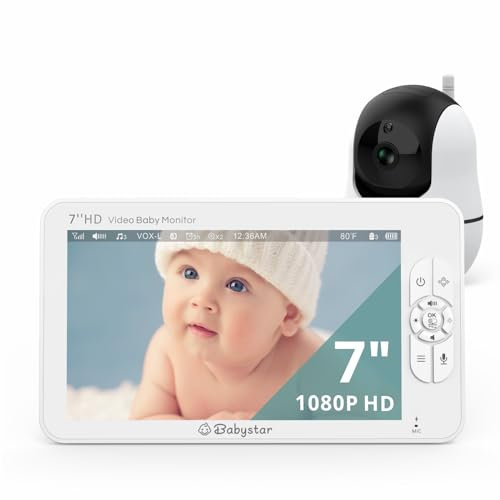 Babystar Baby Monitor with Camera and Night Vision, Upgraded 1080p 7 HD Video Baby Monitor No WiFi,Up to 22 Hrs Battery Life,Remote Pan/Tilt/Zoom,2-Way Talk, Temperature, 8 Lullabies,1000ft Range