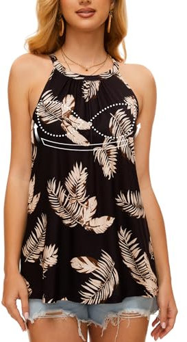 ANYFITTING Damen Tank Top mit Integriertem BH Ärmellose Neckholder Tops Damen Unterhemd BH Hemd Loose Tops BH Top Damen mit Cups Schwarz mit Blätter M