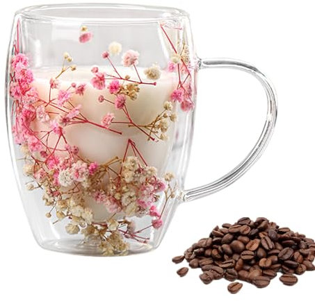 kasio Mug À Double Paroi en Forme De Fleurs, Mug en Verre Transparent avec des Fleurs Créatives, Mugs Décoratifs en Verre, Mugs en Verre avec des Fleurs Sèches Et Accessoires De Cuisine pour Le Thé