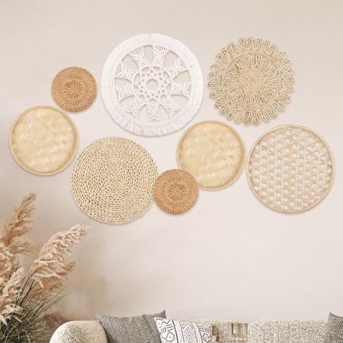 DETENE Lot De 8 Paniers Muraux Décoratifs Style Bohème Décoration Murale Rotin Panier Plat Bohème Décoratif pour Mural Art Déco Salon Ferme Nursery