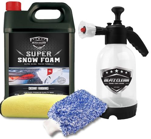 Snow Foam Plus 2L Pump up Snow Cannon Full Kit Inc Mitt & Drying Cloth Wash Detailing Valeting Kit For Car Van Caravan 5L Super Thick Pre Wash Pressurised Snow Cannon Lance (Coconut)