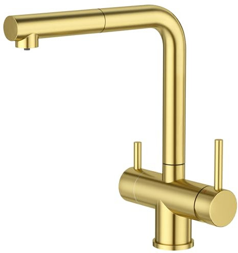 CREA 3 Wege Wasserhahn Küche mit Brause, 360° Drehbar Küchenarmatur, Drei Wege Mischbatterie, Trinkwasserhahn mit 2 Hebel, 3 in 1 Spültischarmatur, Gold