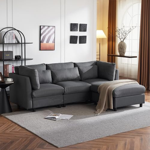 Merax Dreisitzer-Sofa Wohnzimmersofa Ecksofa mit Fußhocker, L-förmiges Ecksofa Grau