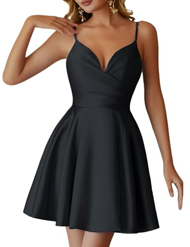 Lecureler Satin Spaghetti Strap Short Prom Dress