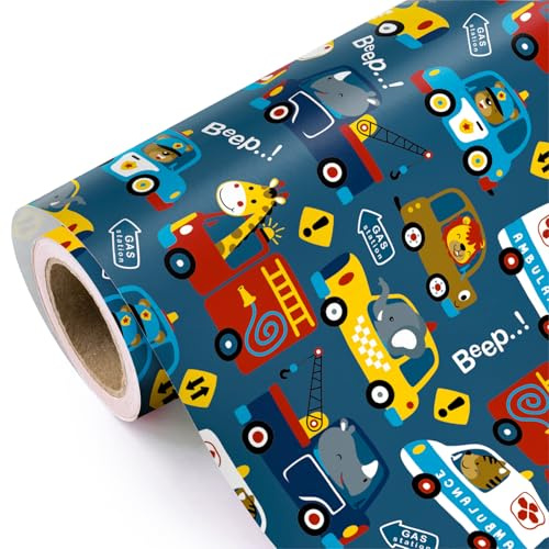 WRAPAHOLIC Geschenkpapierrolle – Mini-Rolle – 43 cm x 100 cm – bezauberndes Polizeiauto, Feuerwehrauto, Tier-Design, perfekt für Kinder, Jungen, Geburtstag, Babyparty