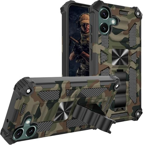 Ysnzaq Hülle für iPhone 16 6,1, [Military Grade Schutz] Camouflage Armor Panzerhülle Heavy Duty Handyhülle mit Ständer Schutzhülle für Apple iPhone 16-YH Army Green