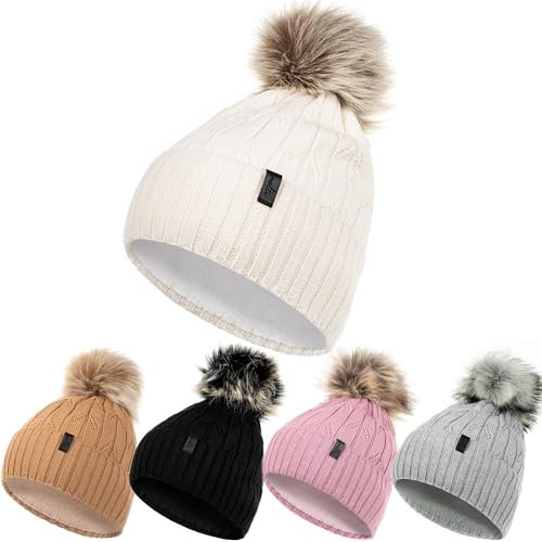 molti Herbst und Wintermütze warme Strickmütze Wintermütze mit Bommel Slouch Strick Beanie Verdicken Fleece für Damen, Bommelmütze, 55-60, Farbenauswahl (Beige)