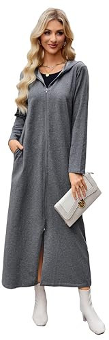 VOGMATE Damen Morgenmantel Reißverschluss Leichter Lang Bademantel mit Kapuze Baumwolle Kuschelig Hausmantel Dünn Hoodies und Sweatshirts DunkelgrauXXL