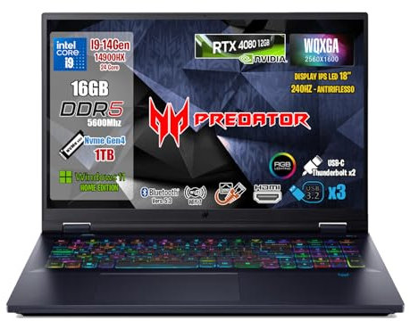 acer Notebook Gaming Predator Helios 18, Intel Core i9-14900HX, RAM 16 GB DDR5, SSD 1TB PCI, Display 18 WQXGA IPS 250Hz, NVIDIA GeForce RTX 4080 12GB GDDR6,Wi-Fi 7,Thunderbolt 4.0,Windows 11.
